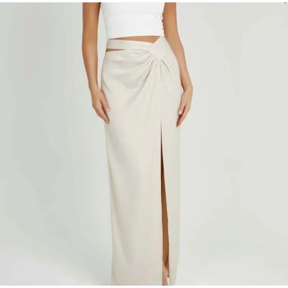 NWT Meshki Ivory Jennifer Twist Maxi Satin Slit A-line Skirt, size M - Picture 1 of 9